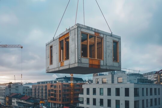 A concrete cube with wooden frames is being suspended from the top of an office building in downtown Thumbling