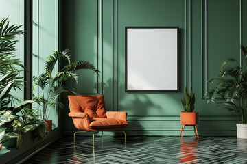 Classic interior with green walls and boiserie panels, a mock-up painting hanging on the wall. There is an orange armchair and house plants next to the wall.
