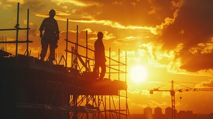 Silhouetted Construction Workers Building Skyscraper During Vibrant Sunrise