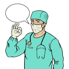 Surgeon doctor shows ok sign pop art style PNG illustration. Comic book style imitation. ok hand gesture