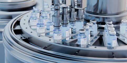 Drug manufacturing process. Line with medical ampoules line at a modern pharmaceutical plant. Pharmacology production, medicine industry from laboratory factory, pharmacy. Healthcare pharma 3D render