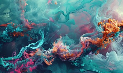 Fototapeta premium Abstract digital art bursting with energy, utilizing a vibrant mix of turquoise, coral, and magenta colors, complemented by flowing smoke effects..