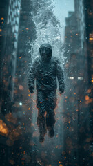 Fototapeta premium A man floating in the air, in a chaos background,generative ai