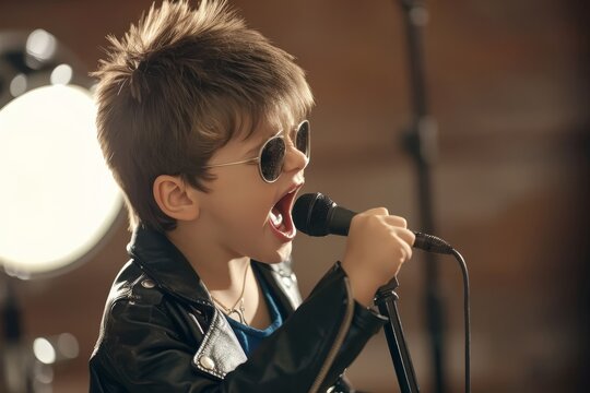 Little boy singing rock Little boy aged 7 wearing leather jacket singing rock music passionately.