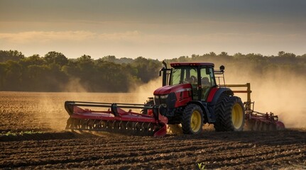 Obraz premium farmer plowing his fields at sunset
