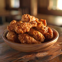 Fototapeta premium Freshly Cooked Golden Brown Crispy Fried Chicken Set Against Rustic Wooden Surface with Warm Lighting