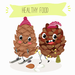 Cute pine nuts, characters, cedar cone, funny nuts, with different activities, outdoor, sports, musical instrument.