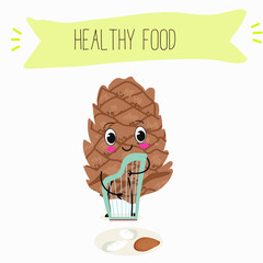 Cute pine nuts, characters, cedar cone, funny nuts, with different activities, outdoor, sports, musical instrument.