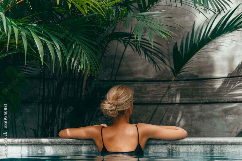 Sticker rear view of a young blonde woman in a pool surrounded by a gray concrete wall and green tropical pa