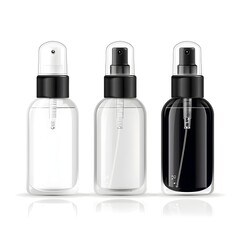 Glass Spray Bottles with Contrasting Black and White Caps for Cosmetic Medical or Hygienic Product Showcases