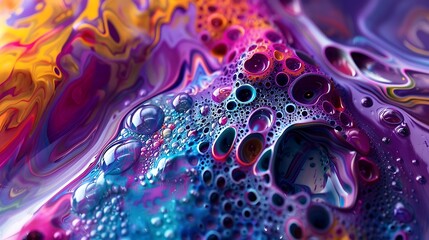 The canvas becomes a playground for vibrant expression, as abstract forms mingle with playful splashes of liquid joy, weaving a tapestry of color and texture.