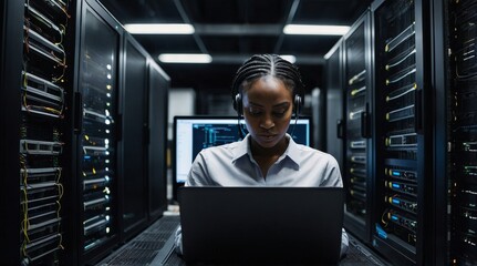 Laptop network and data center with a black woman