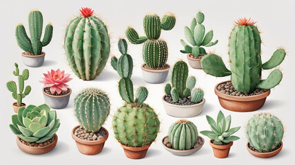 Fototapeta premium Collection of cactus plants in pots. Vector illustration. . Isolated white background 