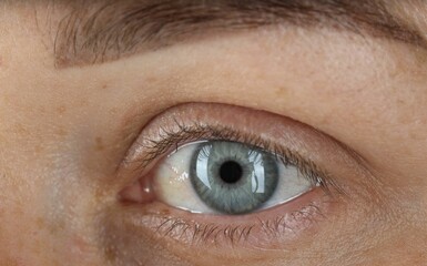 Woman with beautiful blue eyes, macro photo
