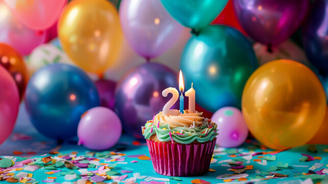 It's a birthday card with a candle that says "21" on a cupcake. There are balloons in the background. There's room to write a message to someone who's turning 21.