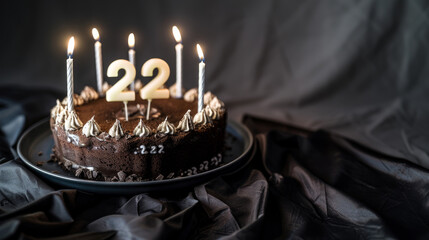 It's been 22 years! A chocolate cake with white candles shaped like "22" sits on a dark background with a black cloth.