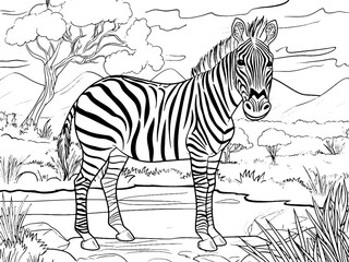 Cheerful zebra in the African savanna. Children coloring book. Generative ai vector.