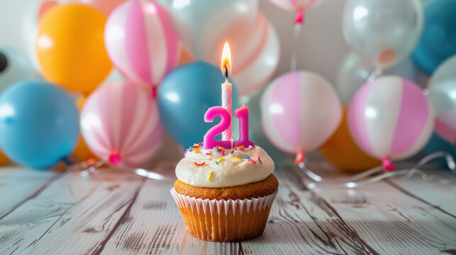 It's a birthday card with a candle that says "21" on a cupcake. There are balloons in the background. There's room to write a message to someone who's turning 21.