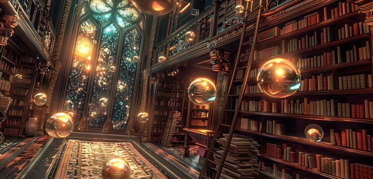 A magical library with books that float off the shelves, in a room lit by glowing orbs and intricate stained glass windows.