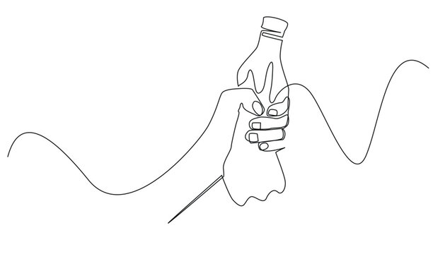 continuous line drawing of hand squeezing plastic bottle.single line drawing of destroying plastic waste.single line vector illustration.isolated white background