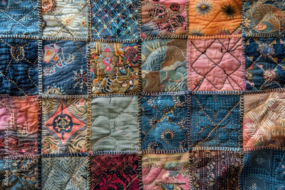 Aufkleber a single patch of a quilt with intricate stitching and patterns, set against a clean, uncluttered ba