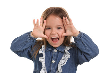Portrait of emotional little girl on white background