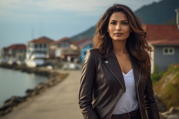 Obraz premium Portrait of a glad indian woman in her 40s sporting a stylish leather blazer in picturesque seaside village