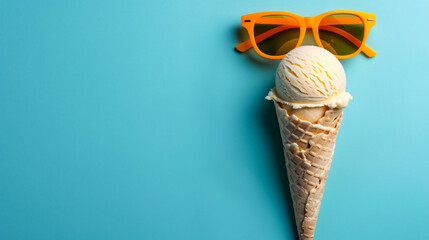 ice cream with orange sunglasses on cone isolated over blue background, summer concept


