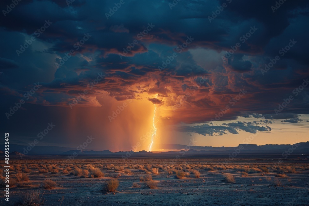 Poster a desert thunderstorm looms in the distance, with lightning illuminating a minimal, simple backgroun