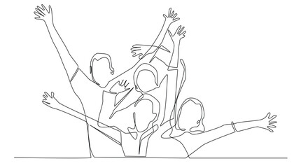 continuous single line group of happy people.one line vector illustration of group of people of different races rejoicing stretching hands.isolated white background