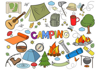 Camping design colorful set PNG illustration. Coloring book. Black and white line art