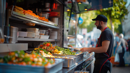 Obraz premium Colorful food truck at a festive night market, illuminated by string lights, offering a variety of street food to passersby