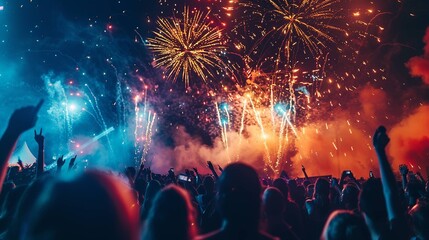 A crowd of people are watching fireworks in the sky new year eve party vibes