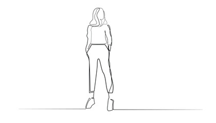 single continuous line of woman standing and facing side.one line vector illustration.isolated white background