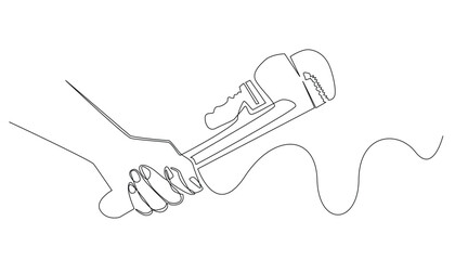 continuous line drawing of pipe repair.vector one line hand holding wrench.single line pipe repairman.isolated white background