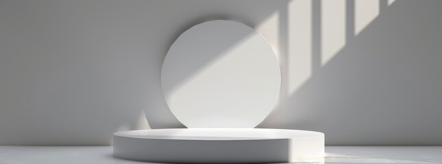 Fototapeta premium The serene white podium is softly illuminated by a sunbeam, providing a minimalist ambiance suitable for showcasing products or presentations. Its clean design encourages focus and tranquility