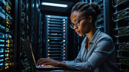 Laptop network and data center with a black woman