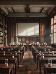 Cozy University Science Lecture Hall with Wooden Desks Projection Screen and Specimen Filled Shelves