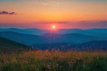 Obraz premium Fantastic view of the sunset over the meadow hill, beautiful meadow hill wallpaper