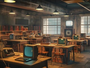 Generative Renders Rustic Vintage Computer Classroom with Antique Desks and Retro Equipment