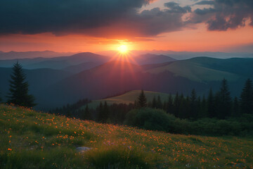 Fototapeta premium Fantastic view of the sunset over the meadow hill, beautiful meadow hill wallpaper