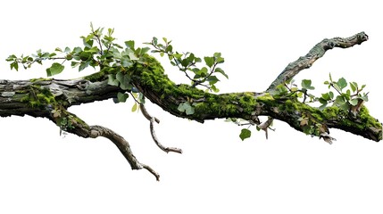 Fototapeta premium A Close Up of a Branch Covered in Moss and Leaves