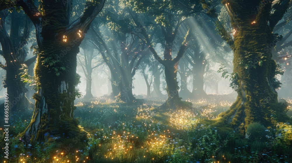 Poster enjoy a breathtaking view of a magical forest with tall trees and early light seeping through the br