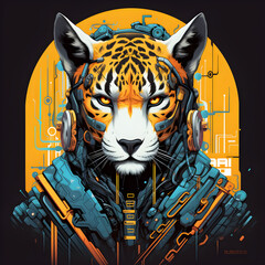 Obraz premium T-shirt design of a cyber-samurai cheetah, futuristic, fast, disciplined. Suitable for t-shirt or sticker ready to print. Animal character.[A-0004]