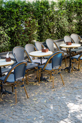 Cozy Tables of French Style Cafe, Traditional Outdoor Tables and Chairs