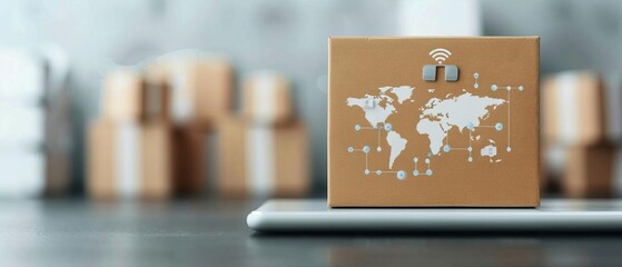 Cardboard box with world map and pins on a laptop, symbolizing global shipping and logistics, with more boxes blurred in the background.
