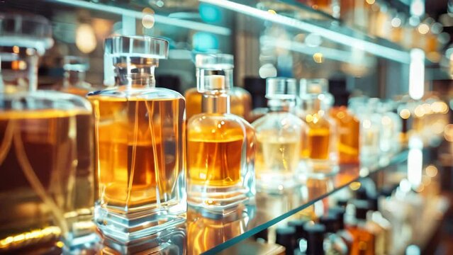 Various luxury perfume bottles on a shelf in a luxury perfume store