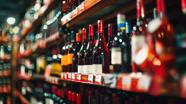 Various wine bottles on shelves in a wine store