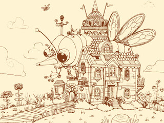 Obraz premium Large fantastic beetle with a city on its back. Generative ai vector.