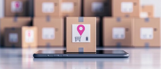 E-commerce concept with a cardboard box on a smartphone, representing online shopping and delivery services.